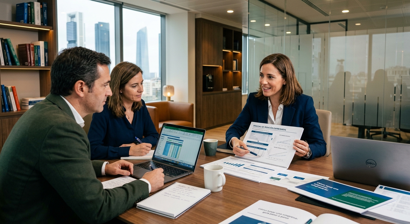Economistas revisando en una reunión cómo tasar una empresa